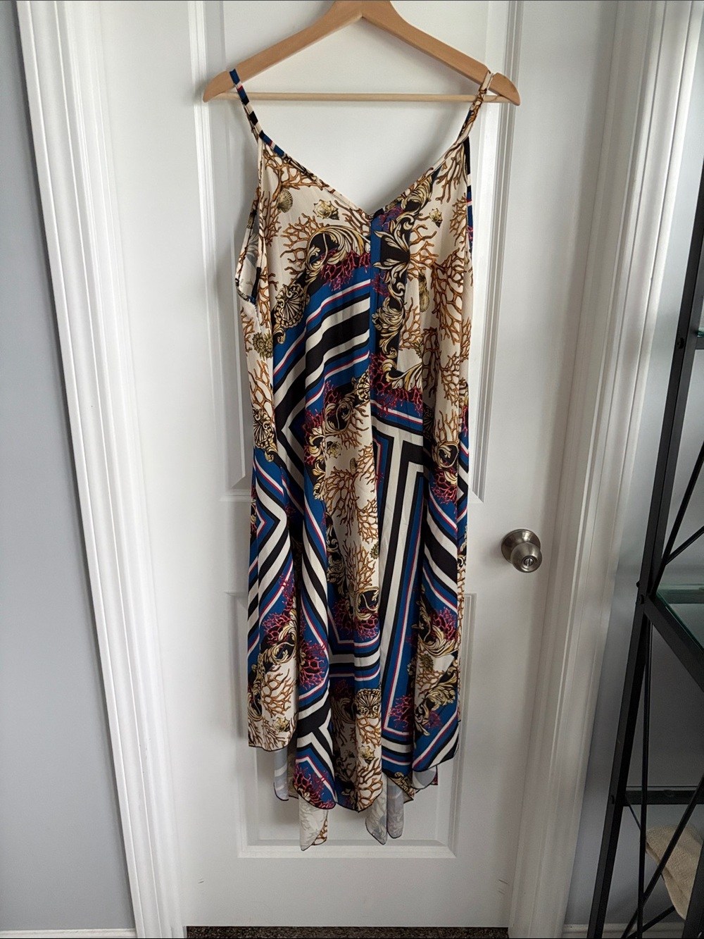 Source Unknown Strappy Maxi Dress in Blue, Cream & Gold Print